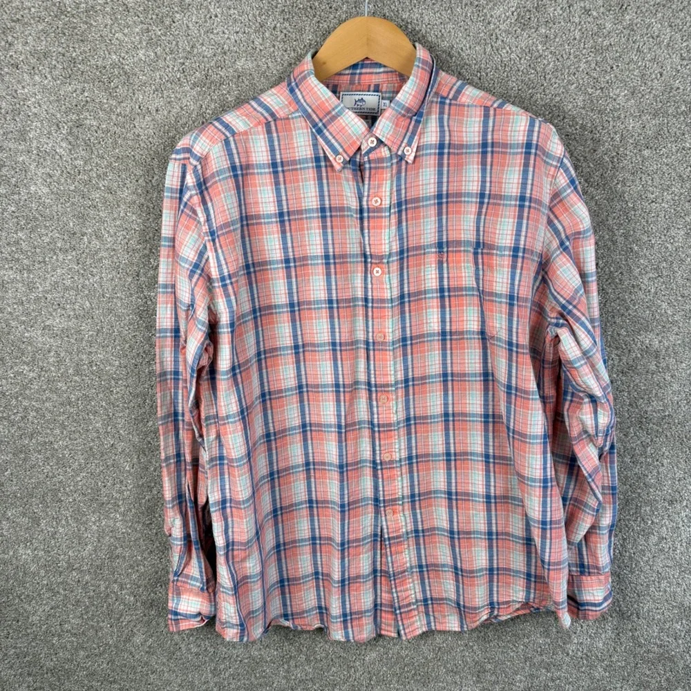 Southern Tide Mens XL Classic Fit Linen Blend Plaid Button Down Shirt Coral Blue - Picture 2 of 6